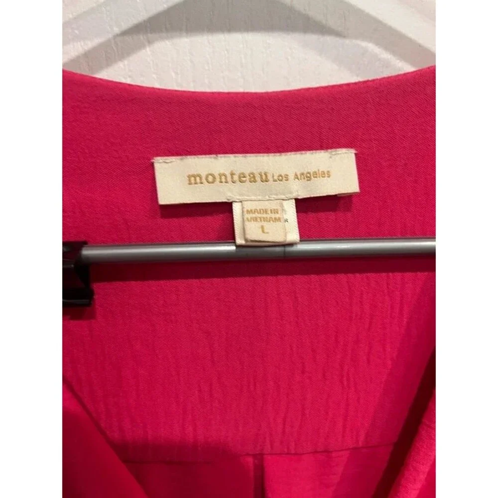 Monteau Los Angeles Women’s Large Pink Wrap Dress Flutter Sleeve Faux Wrap